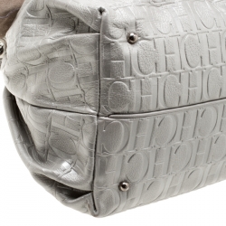 Pre Owned Carolina Herrera Silver Monogram Leather Bow Bucket Hobo