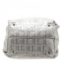 Pre Owned Carolina Herrera Silver Monogram Leather Bow Bucket Hobo