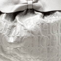 Pre Owned Carolina Herrera Silver Monogram Leather Bow Bucket Hobo