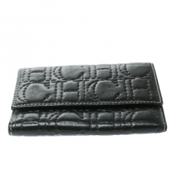 Pre Owned Carolina Herrera Black Monogram Leather Tri Fold Compact Wallet