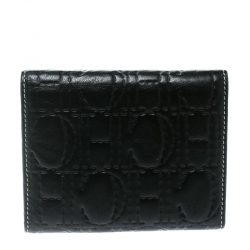 Pre Owned Carolina Herrera Black Monogram Leather Tri Fold Compact Wallet