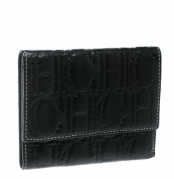 Pre Owned Carolina Herrera Black Monogram Leather Tri Fold Compact Wallet