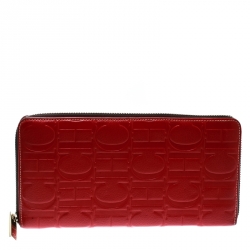 Pre Owned Carolina Herrera Red Monogram Leather Zip Around Wallet
