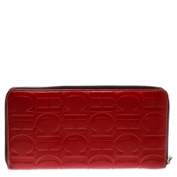 Pre Owned Carolina Herrera Red Monogram Leather Zip Around Wallet
