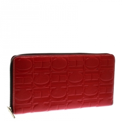 Pre Owned Carolina Herrera Red Monogram Leather Zip Around Wallet