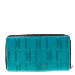 Pre Owned Carolina Herrera Blue Monogram Leather Zip Around Wallet