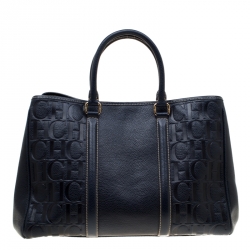 Pre Owned Carolina Herrera Navy Blue Leather Matteo Tote