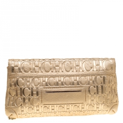 Pre Owned Carolina Herrera Gold Monogram Leather Bow Bag