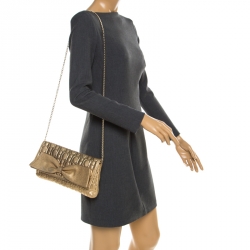 Pre Owned Carolina Herrera Gold Monogram Leather Bow Bag