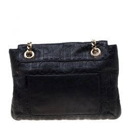 Pre Owned Carolina Herrera Deep Navy Blue Monogram Leather Audrey Shoulder Bag