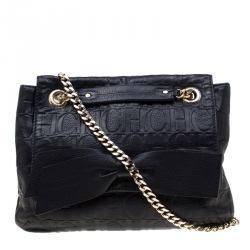 Pre Owned Carolina Herrera Deep Navy Blue Monogram Leather Audrey Shoulder Bag