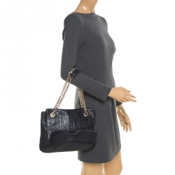 Pre Owned Carolina Herrera Deep Navy Blue Monogram Leather Audrey Shoulder Bag