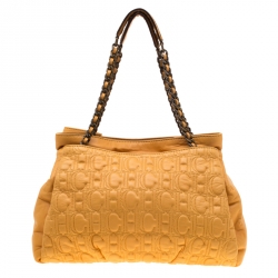 Pre Owned Carolina Herrera Yellow Monogram Leather Chain Tote