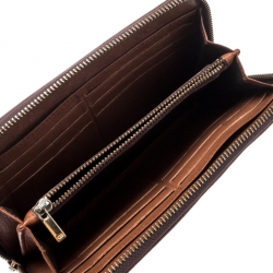 Pre Owned Carolina Herrera Brown Monogram Leather Zip Around Wallet
