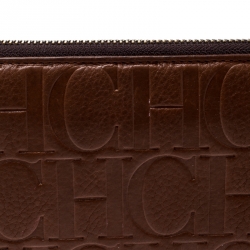 Pre Owned Carolina Herrera Brown Monogram Leather Zip Around Wallet