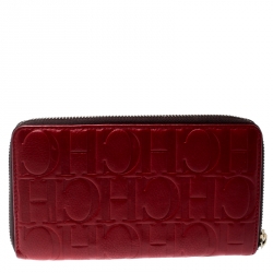 Pre Owned Carolina Herrera Red Monogram Leather Zip Around Wallet