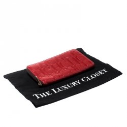 Pre Owned Carolina Herrera Red Monogram Leather Zip Around Wallet