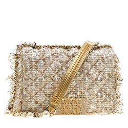Pre Owned Carolina Herrera Beige/Silver Tweed and Fabric Faux Pearl Embellished Shoulder Bag