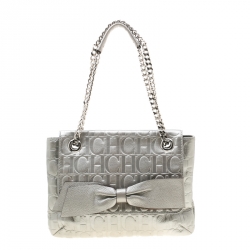 Pre Owned Carolina Herrera Silver Metallic Monogram Leather Audrey Shoulder Bag