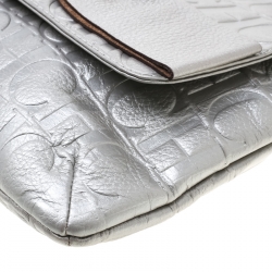 Pre Owned Carolina Herrera Silver Metallic Monogram Leather Audrey Shoulder Bag