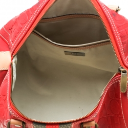 Carolina Herrera Red Leather and Stripe Fabric Large Andy Boston Bag