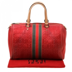 Carolina Herrera Red Leather and Stripe Fabric Large Andy Boston Bag
