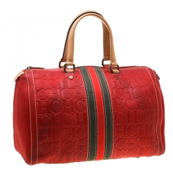 Carolina Herrera Red Leather and Stripe Fabric Large Andy Boston Bag