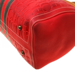 Carolina Herrera Red Leather and Stripe Fabric Large Andy Boston Bag