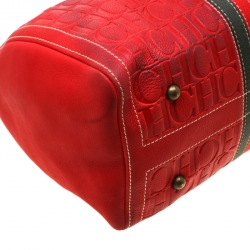 Carolina Herrera Red Leather and Stripe Fabric Large Andy Boston Bag