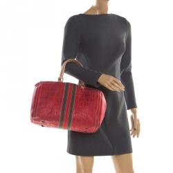 Carolina Herrera Red Leather and Stripe Fabric Large Andy Boston Bag