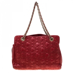 Pre Owned Carolina Herrera Red Monogram Leather Shoulder Bag