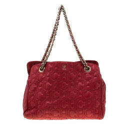 Pre Owned Carolina Herrera Red Monogram Leather Shoulder Bag