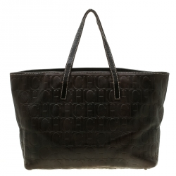 Carolina Herrera Brown Monogram Leather Shopper Tote