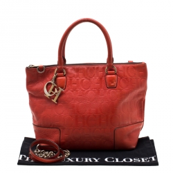 Pre Owned Carolina Herrera Orange Monogram Embossed Leather Tote