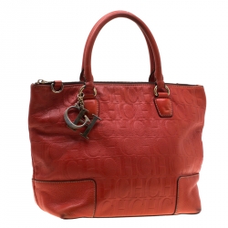 Pre Owned Carolina Herrera Orange Monogram Embossed Leather Tote