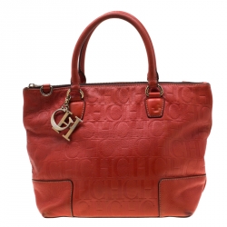 Pre Owned Carolina Herrera Orange Monogram Embossed Leather Tote