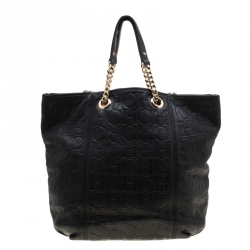 Pre Owned Carolina Herrera Black Monogram Leather Tassel Tote