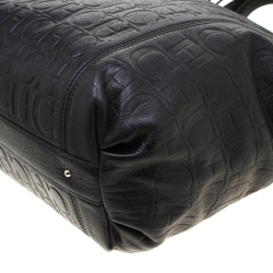 Pre Owned Carolina Herrera Black Monogram Leather Tassel Tote