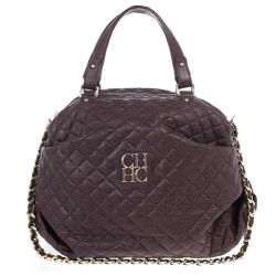Pre Owned Carolina Herrera Brown Lambskin Quilted Stitching Bowling Bag 