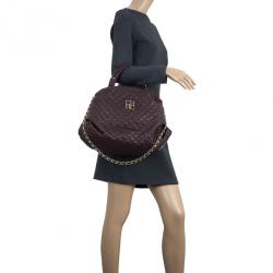 Pre Owned Carolina Herrera Brown Lambskin Quilted Stitching Bowling Bag