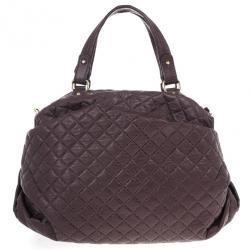 Pre Owned Carolina Herrera Brown Lambskin Quilted Stitching Bowling Bag