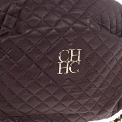 Pre Owned Carolina Herrera Brown Lambskin Quilted Stitching Bowling Bag