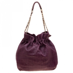 Pre Owned Carolina Herrera Burgandy Embossed Leather Bow Bucket Shoulder Bag