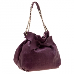 Pre Owned Carolina Herrera Burgandy Embossed Leather Bow Bucket Shoulder Bag