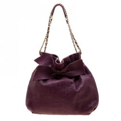 Pre Owned Carolina Herrera Burgandy Embossed Leather Bow Bucket Shoulder Bag