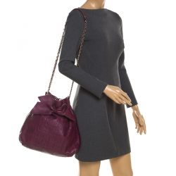 Pre Owned Carolina Herrera Burgandy Embossed Leather Bow Bucket Shoulder Bag