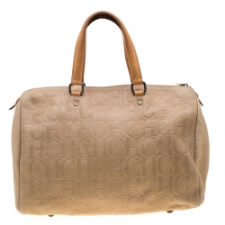 Pre Owned Carolina Herrera Beige Monogram Leather Andy Boston Bag