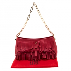 Carolina Hererra Red Leather Fringe Chain Shoulder Bag