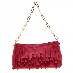 Carolina Hererra Red Leather Fringe Chain Shoulder Bag