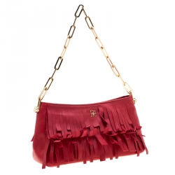 Carolina Hererra Red Leather Fringe Chain Shoulder Bag